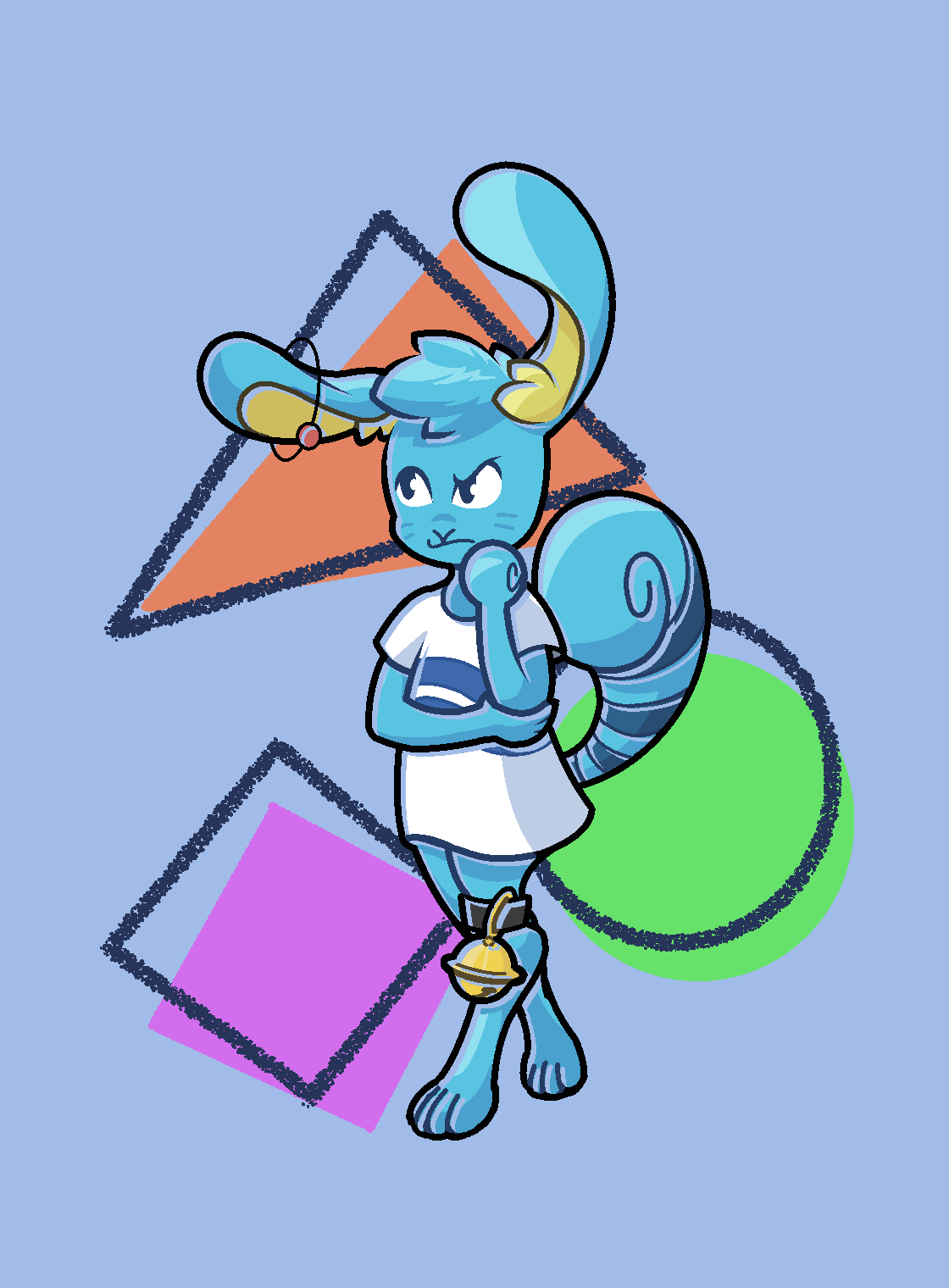 A blue anthropomorphic rabbit with a striped, curly tail. They're wearing a white tee shirt with blue stripes, an anklet with a bell, and a ring orbits one ear.