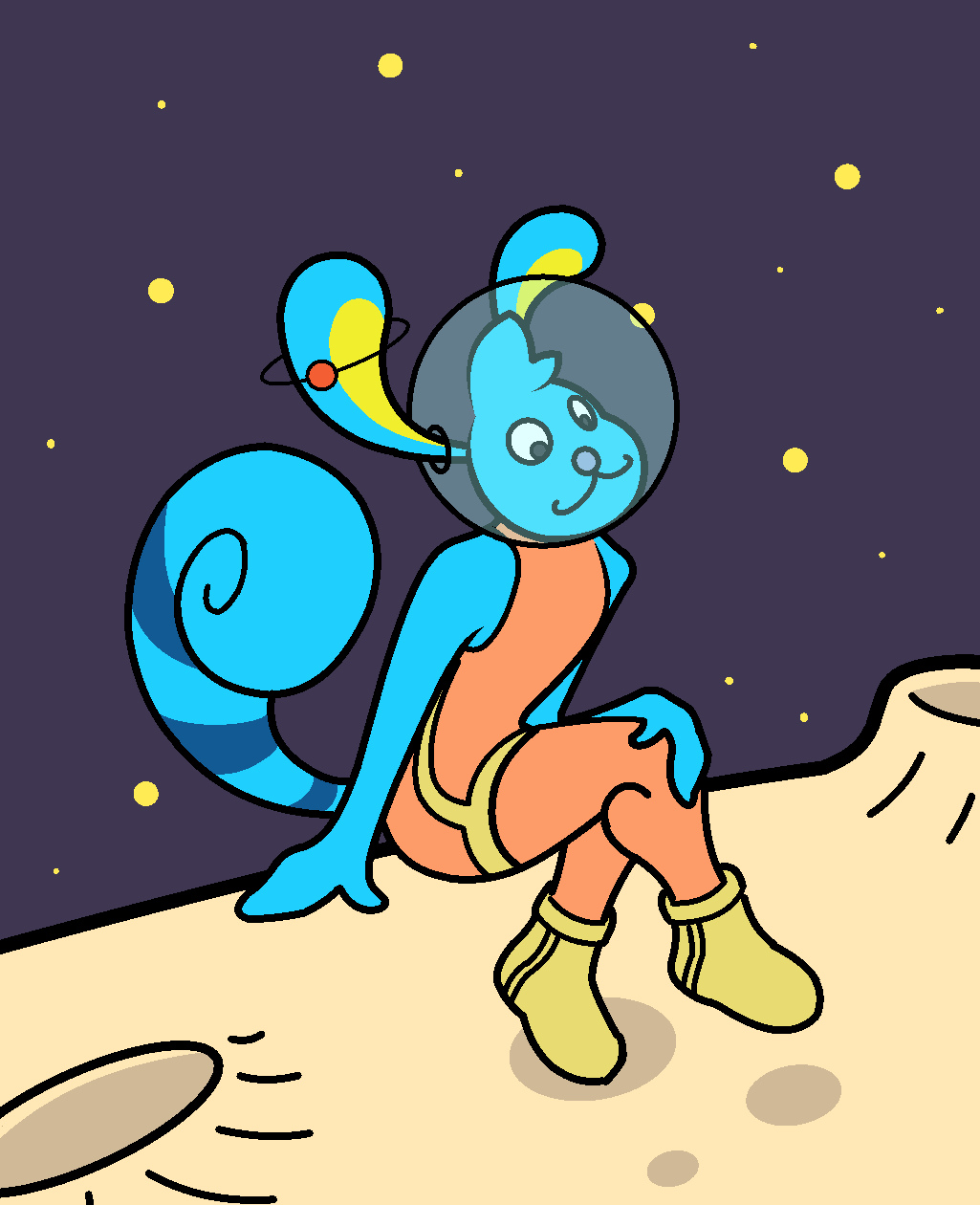 A version of the creature wearing an orange space suit and sitting on an asteroid.