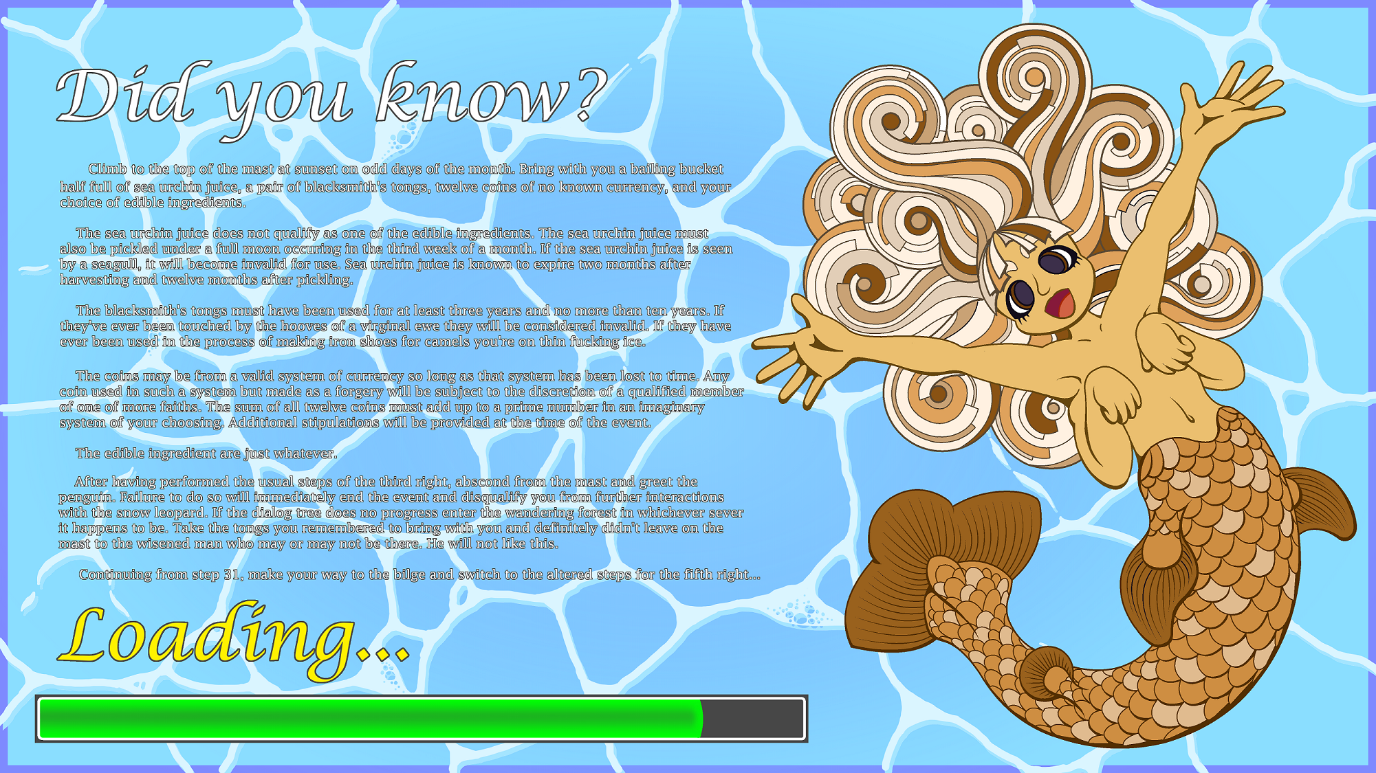 Mockup of a video game loading screen with paragraphs of small-print text and a four-armed, brown coelacanth mermaid. The loading bar is almost complete.