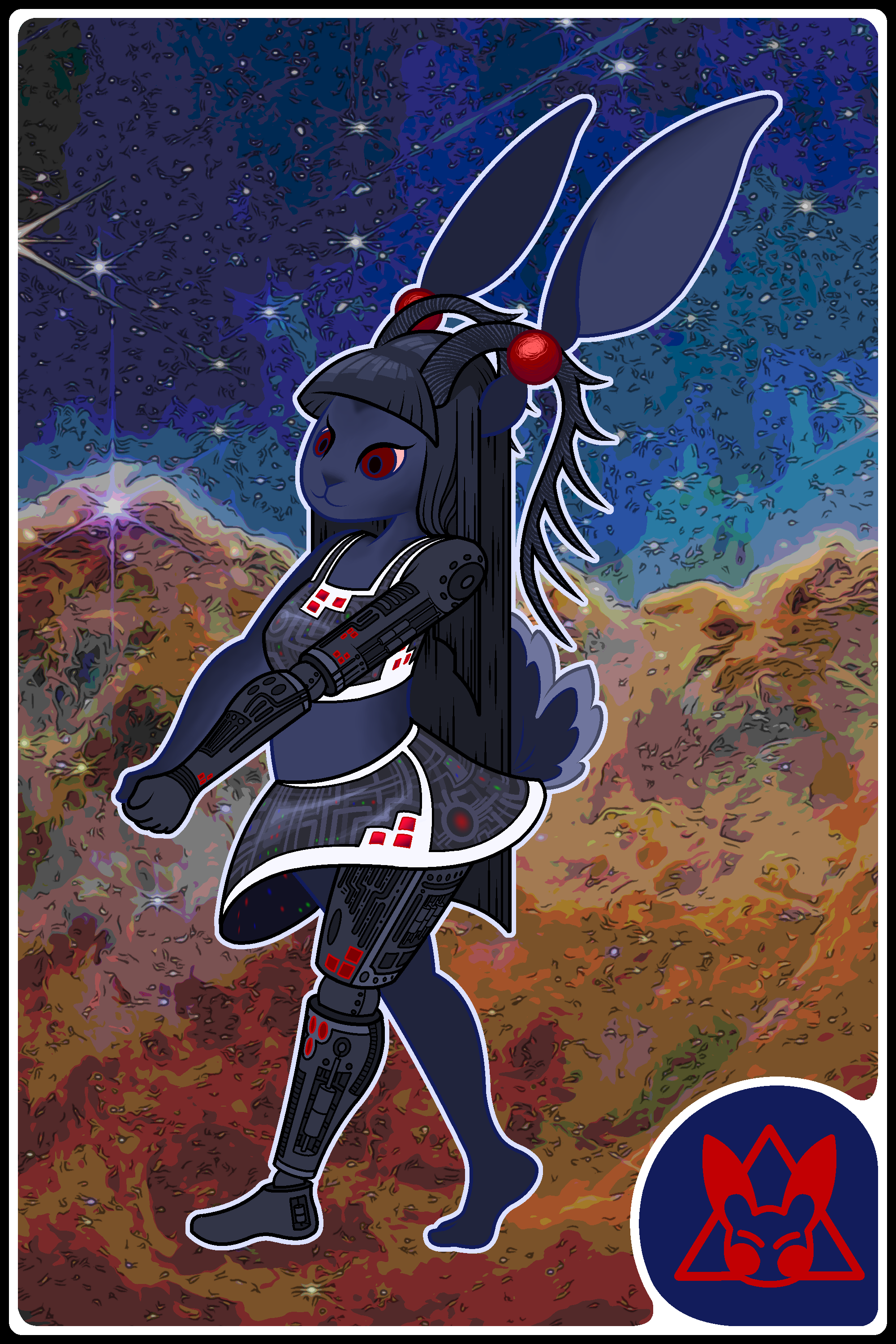 Mockup of a card with stylized space-themed background and rabbit logo in the corner. The character on the card is a black anthropomorphic rabbit with drooping black antlers. Their left arm and leg are robotic, and their tanktop and skirt have a mechanical design.