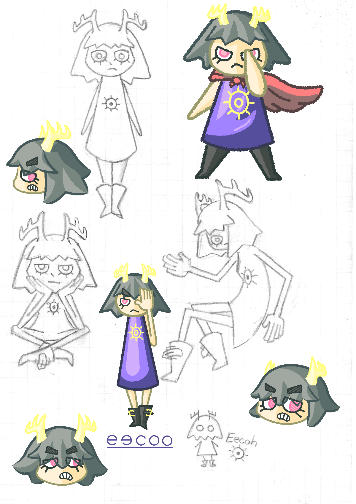 Several depictions of an alien with yellow skin and antlers, grey hair, black boots, a purple dress, and a red cape.