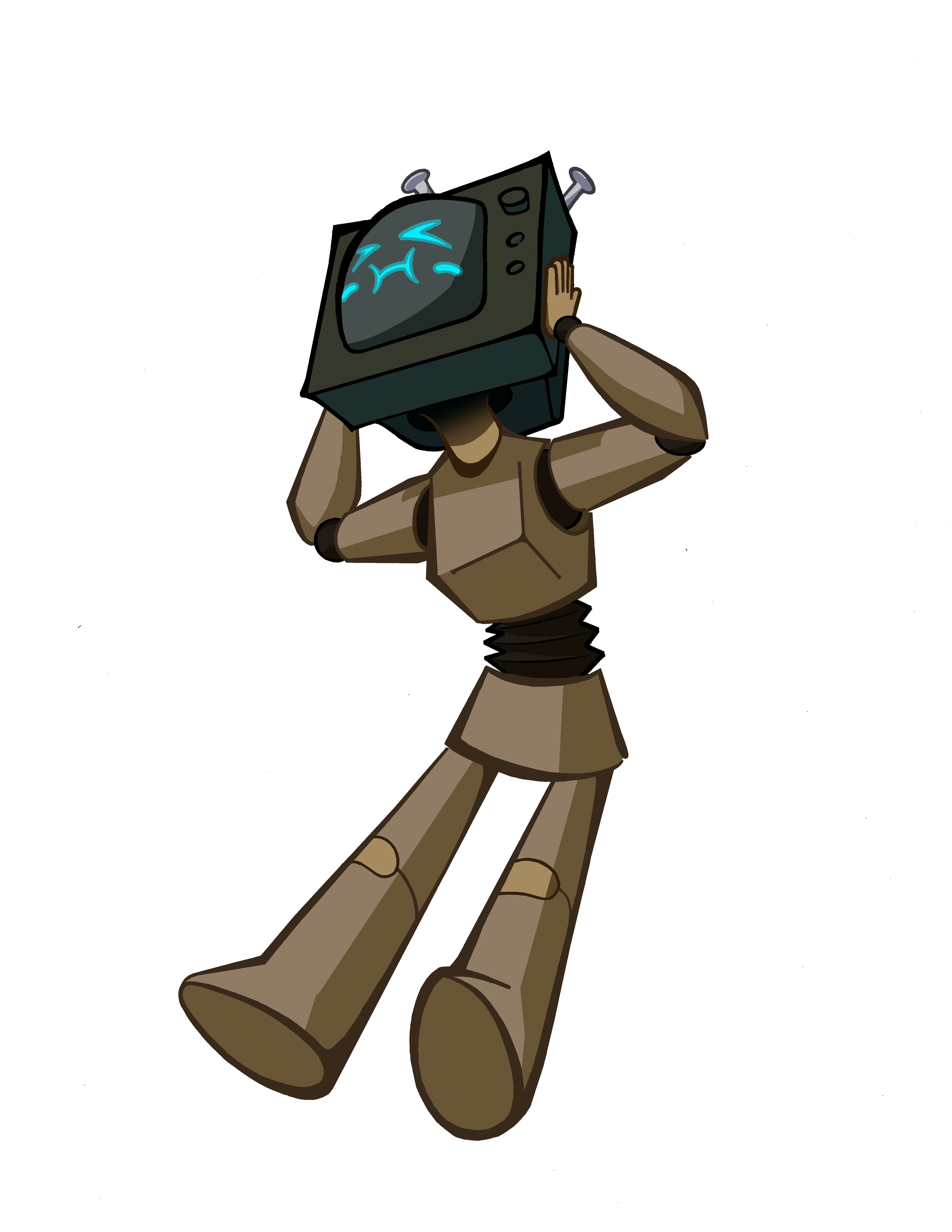 Something like a test dummy struggles with a TV on its head.