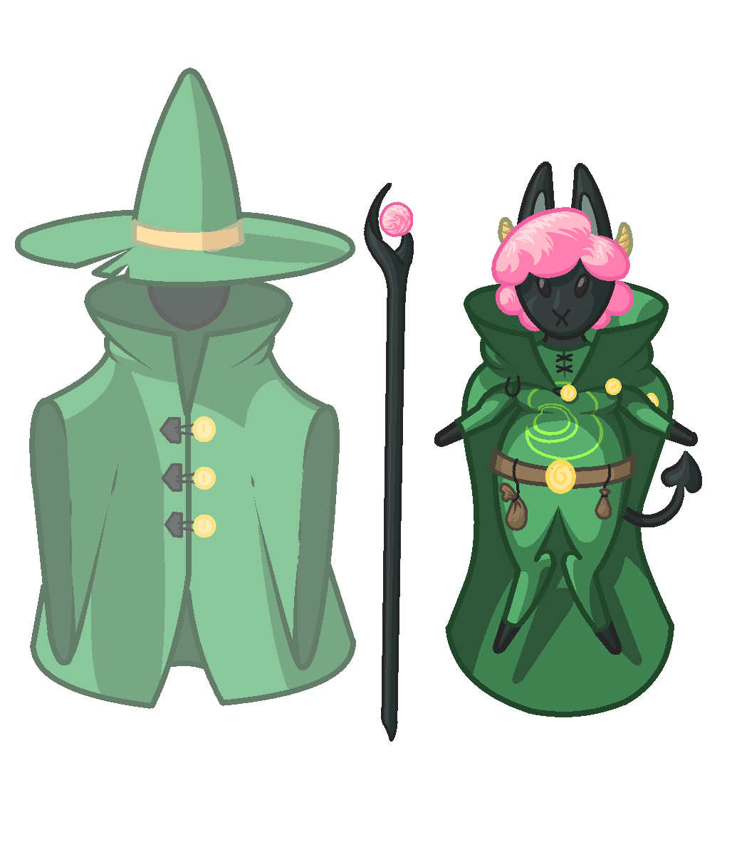 Two depictions of Riza. The one on the left is semi-transparent, and she's wearing a green robe and wizard hat that obscures her face. The one on the right reveals her to be an anthropomorphic creature with black fur, pink hair, pointed ears, horns, a heart-shaped devil tail, and green clothes. There is also a staff with a pink sphere.